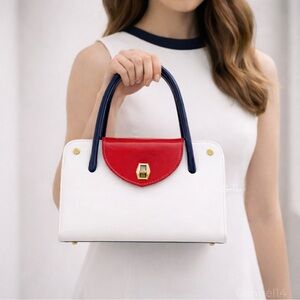 Vintage 1960s Patent Leather Colorblock Top Handle Handbag Navy Red White – Mod